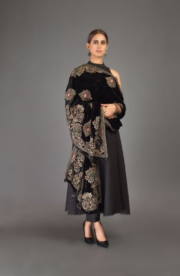 full embroidered bareez velvet shawl