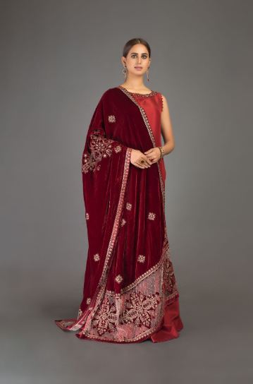 embroidered red velvet shawl bareeze