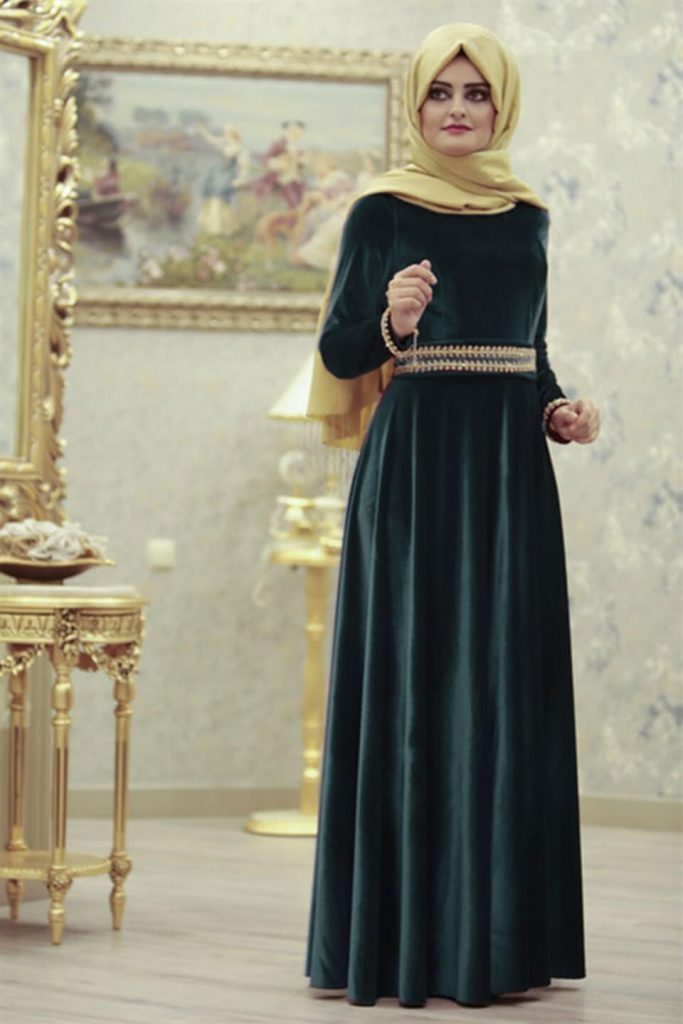 golden hijab with green maxi dress